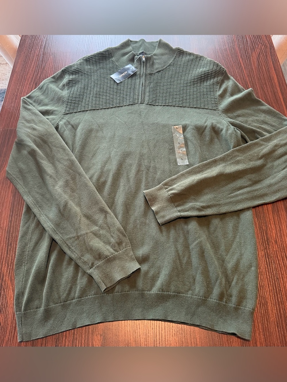 NWT Alfani Mens Olive Green Textured Yoke Quarter Zip Cotton Knit Sweater Size L